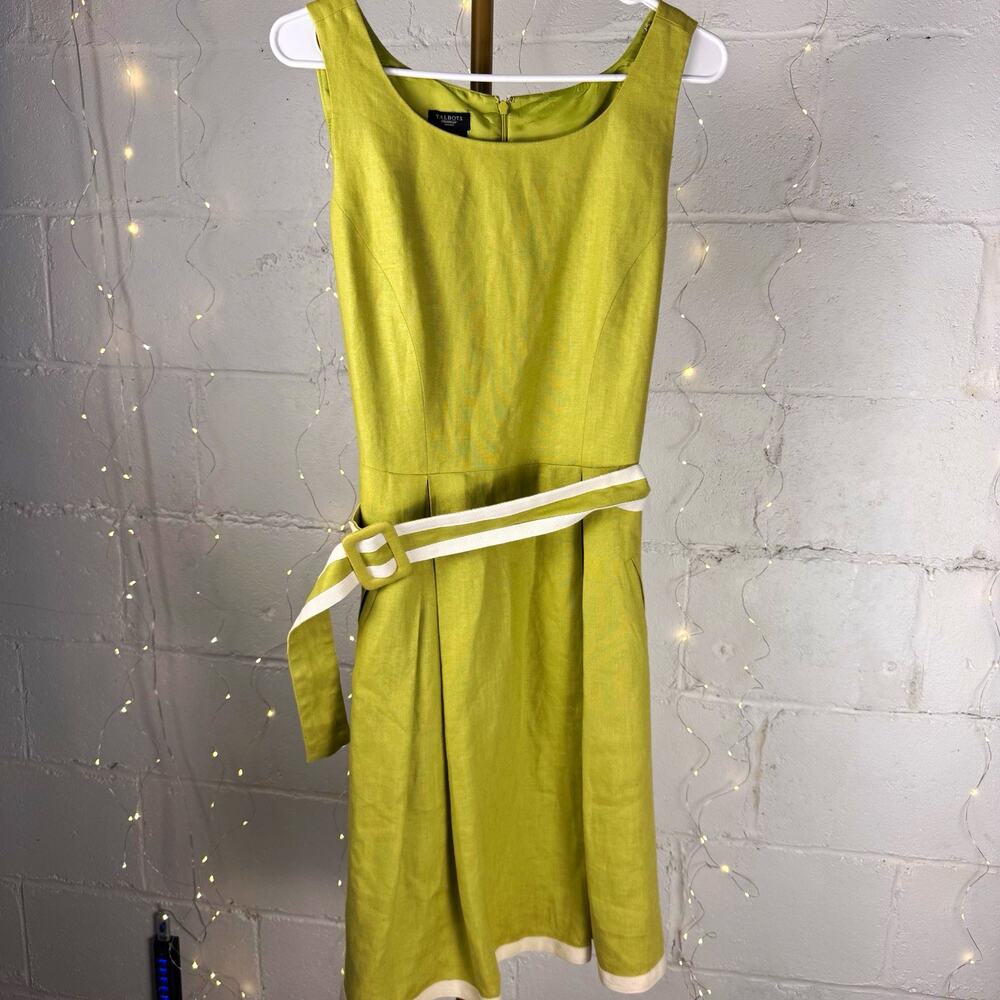 talbots petites 12P pure irish linen green belted fit flare dress pockets